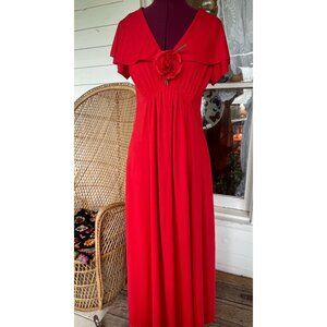 Vintage 1970s Red Maxi Dress Butterfly wing sleeves attached Rose